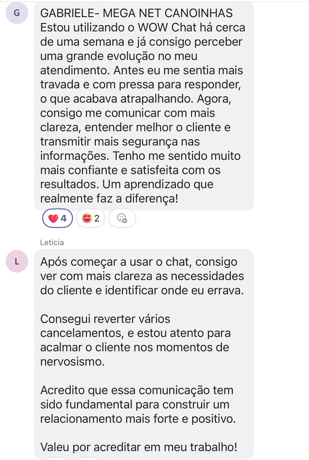 Depoimentos de Gabriele (Mega Net Canoinhas) e Letícia sobre o WOW Chat