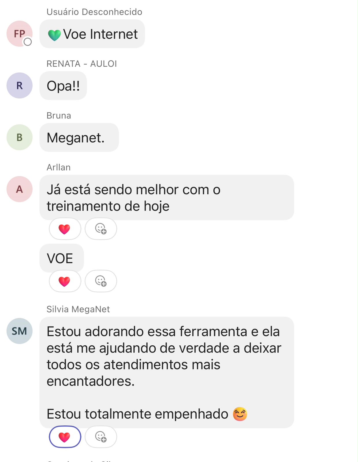 Mensagens da equipe Meganet e Voe Internet elogiando o treinamento