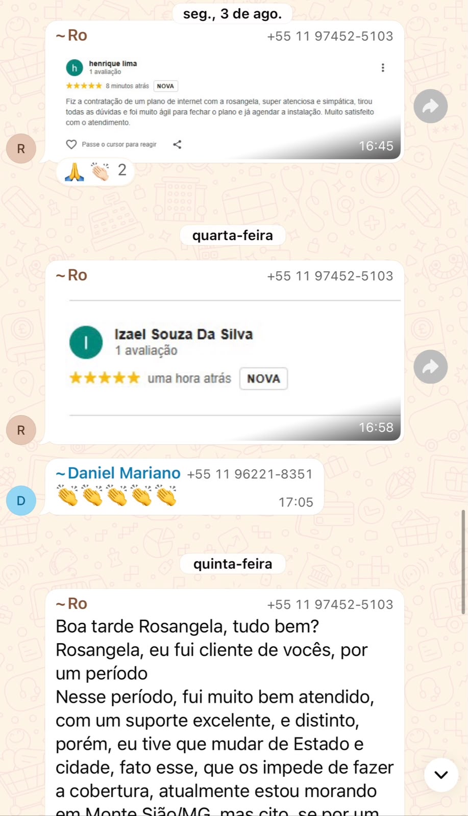 Avaliações 5 estrelas elogiando o atendimento da Rosangela