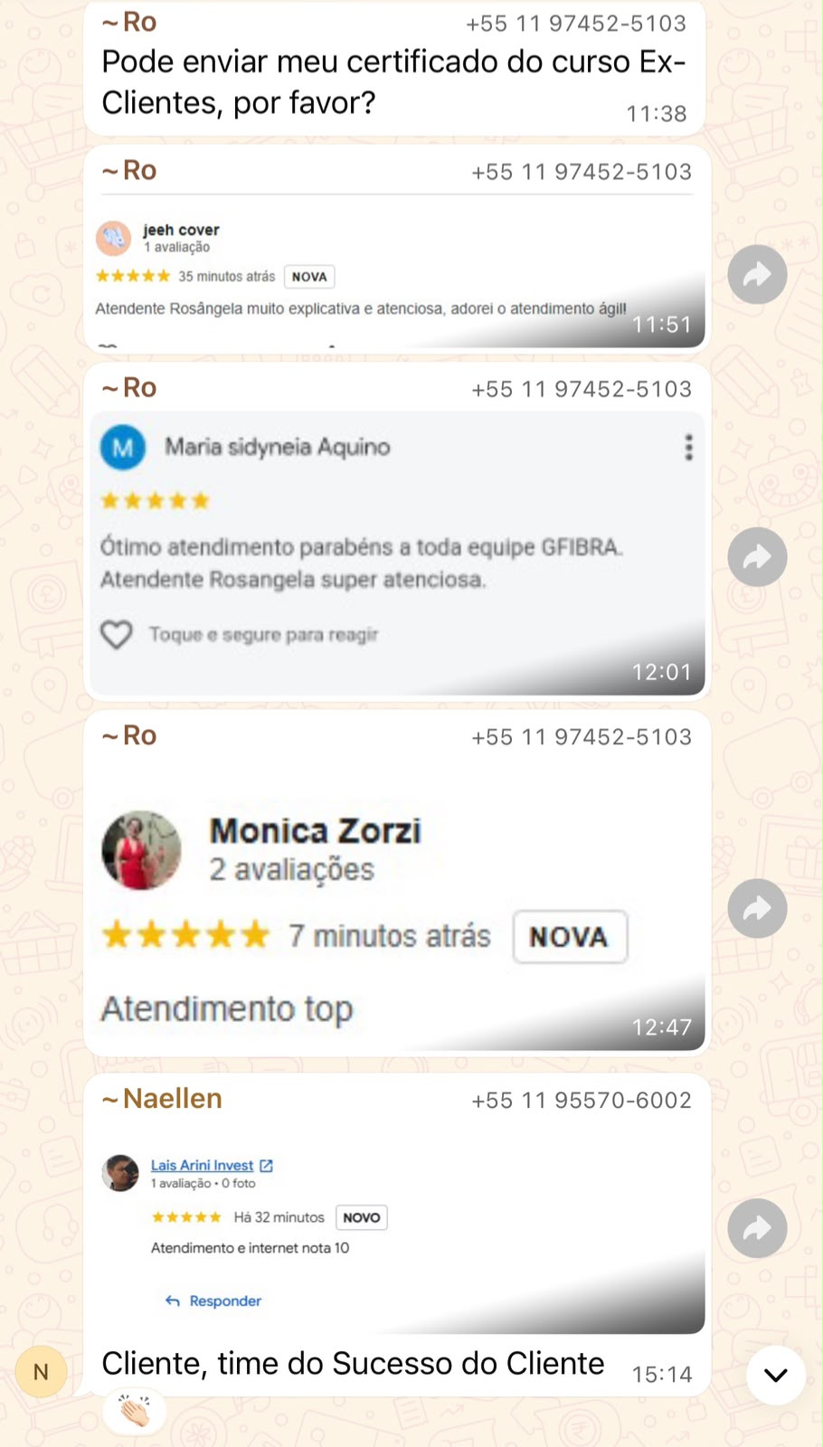 Avaliações elogiando o atendimento da equipe